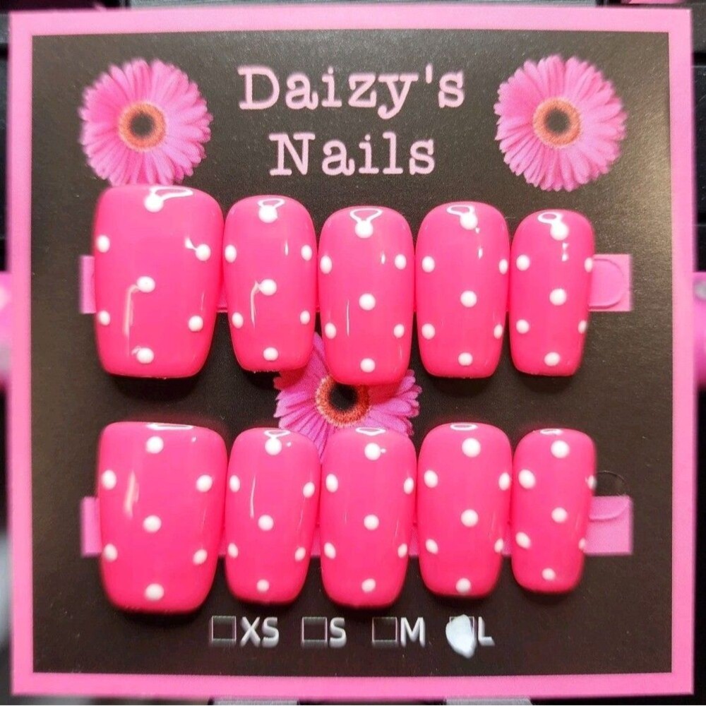 Large Size Press-on Nail 10Pc Set Handmade Squoval Pink Polka Dot 2.0 Cm Length